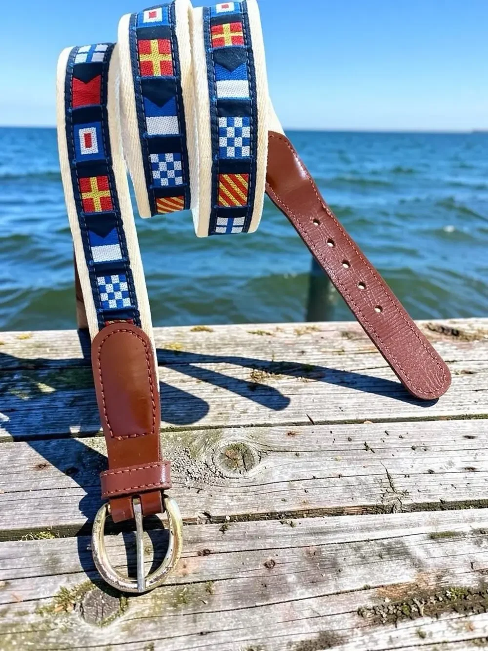 Vtg YRI Nautical Code Flag Canvas Leather Belt Brass Buckle Men 44 Maritime USA